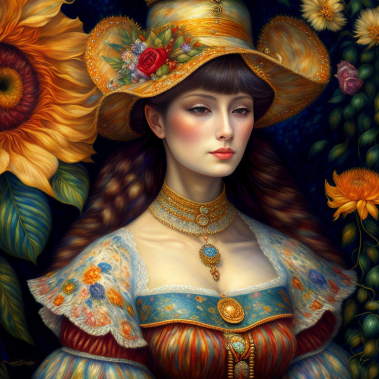 Portrait of woman with pale skin, dark hair, flowered hat, blue dress, and sunflower