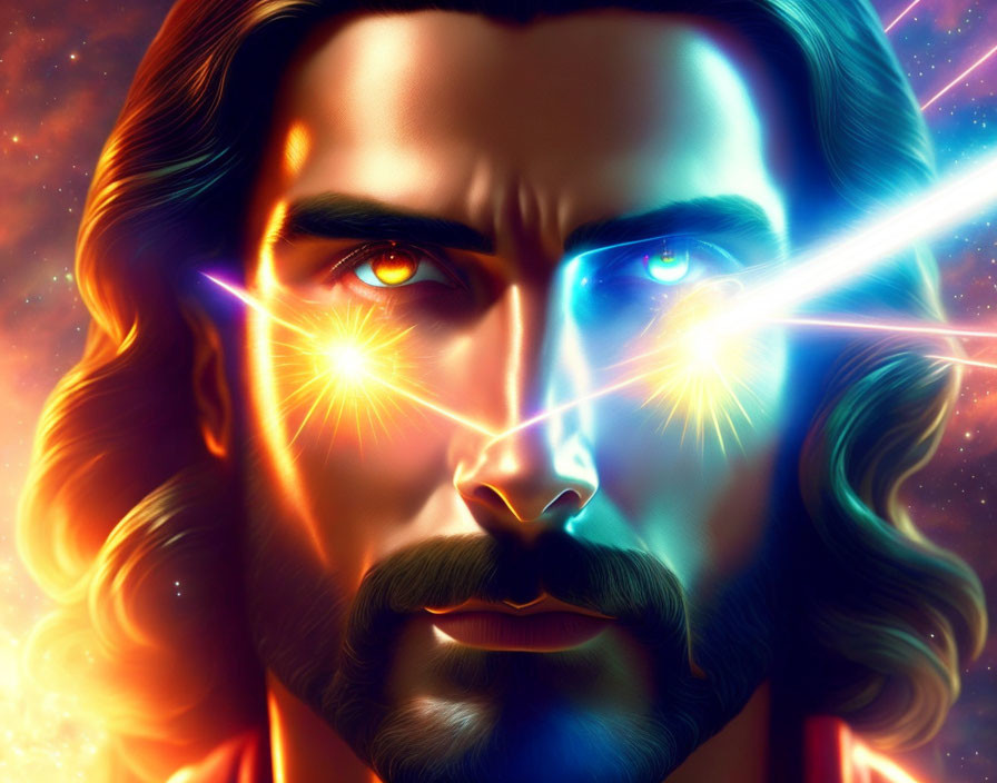 Colorful illustration of a man with beard and long hair emitting bright light beams