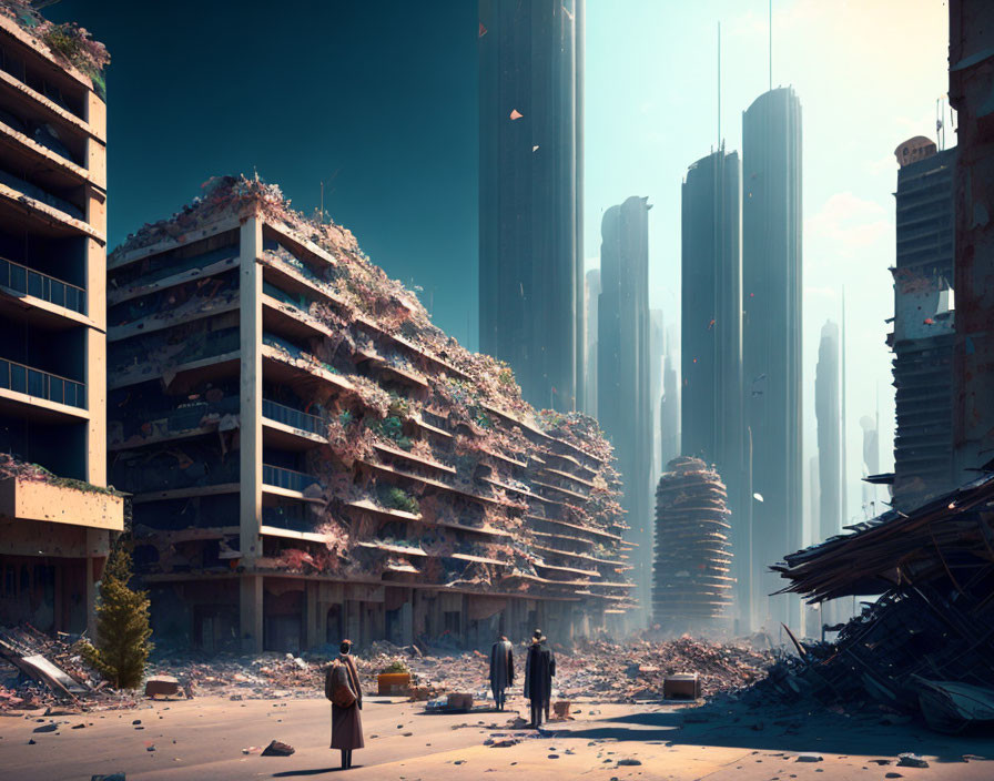 Dystopian cityscape with overgrown buildings and figures in foreground