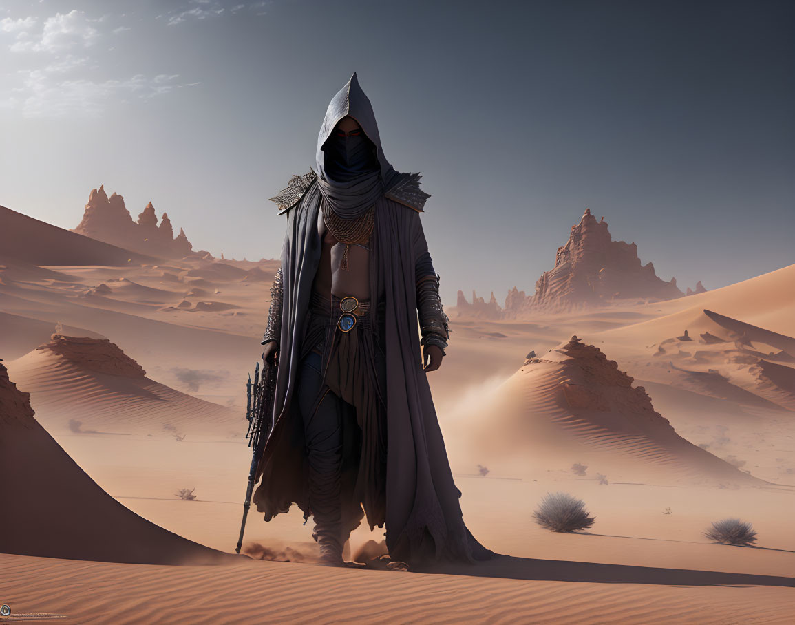 Mysterious cloaked figure in desert landscape