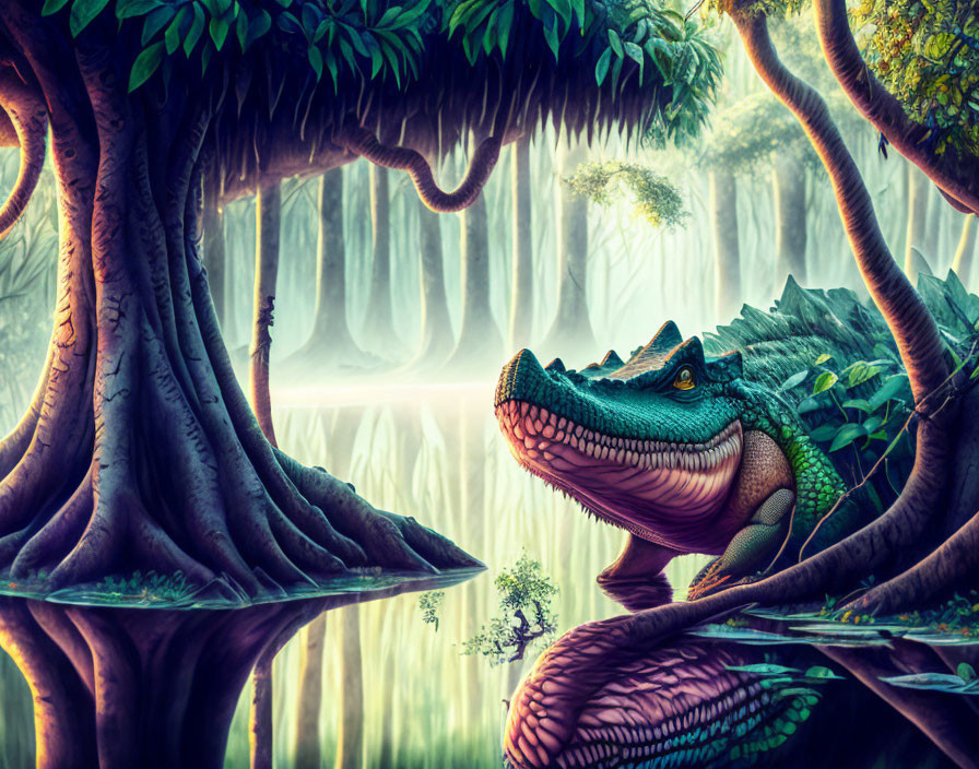 Digital Artwork: Alligator in Enchanting Forest Setting