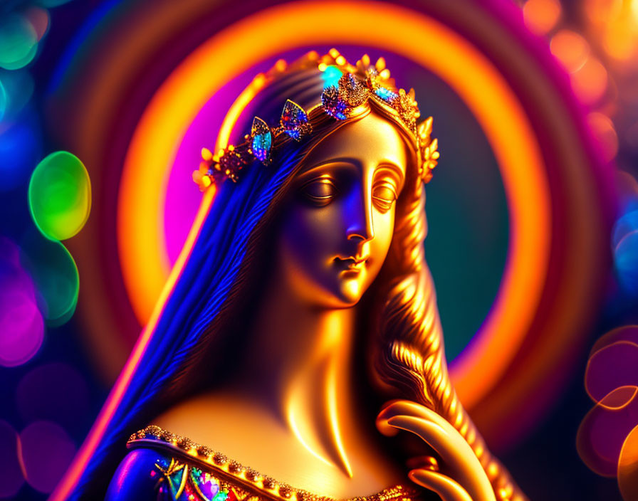 Colorful Artistic Depiction of Serene Woman with Crown and Bokeh Lights