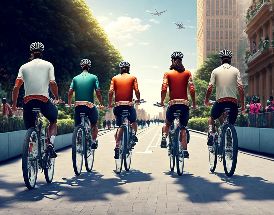 Four cyclists in colorful outfits ride through urban park with city buildings and bystanders.