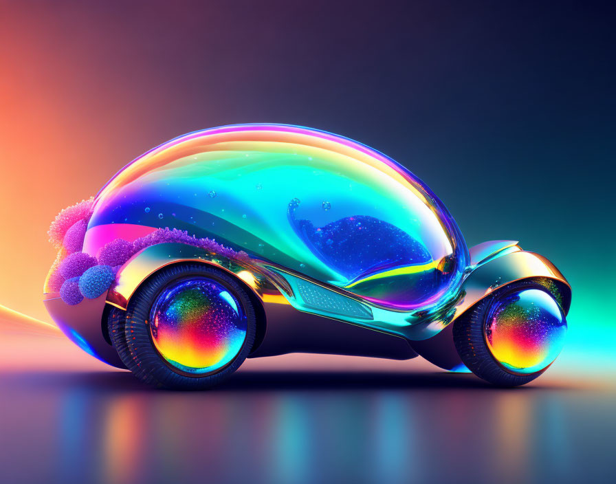 Glossy iridescent bubble-like futuristic car on vibrant gradient background