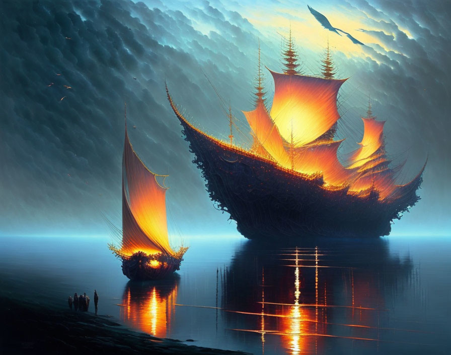 Fantastical scene: Two illuminated ships on serene sea at dusk with dramatic cloudy sky and figures on