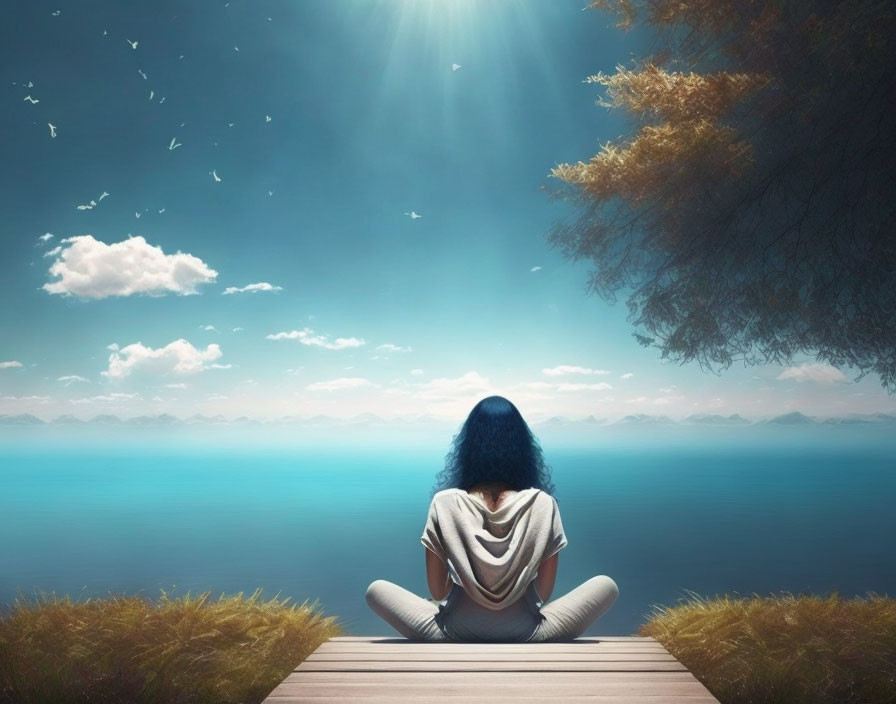 Person meditating on wooden dock by the sea with birds flying overhead