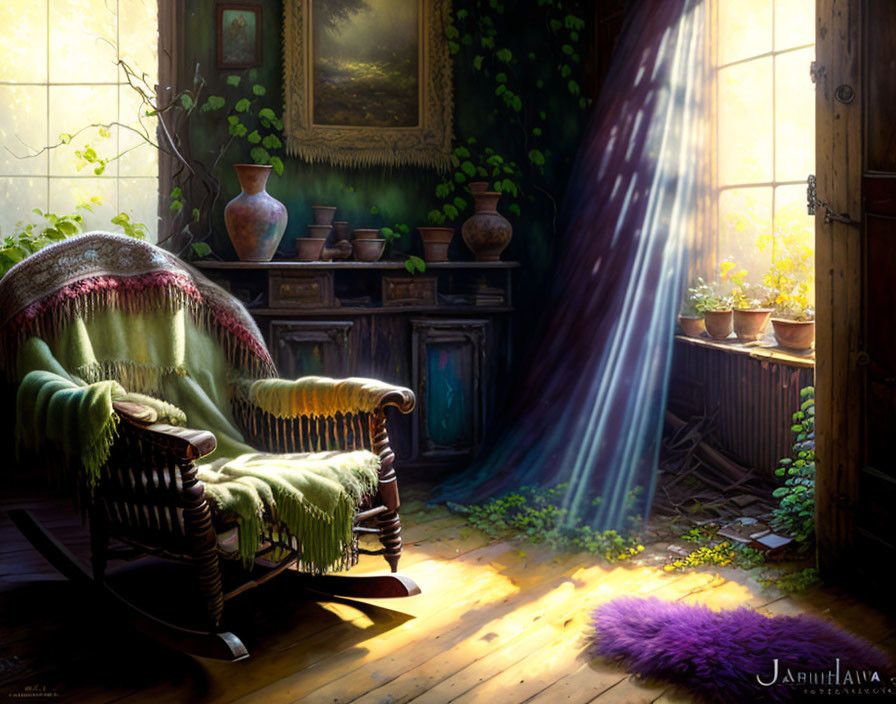 Sunlit Cozy Room with Rocking Chair, Plants, and Furry Rug