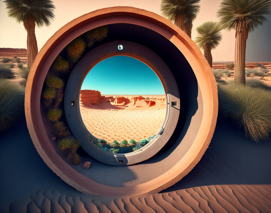 Circular futuristic doorway reveals desert landscape with rock formations and palm trees