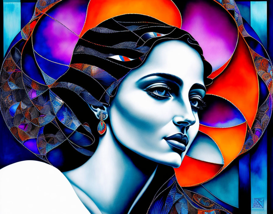 Vibrant artistic portrait of a woman with blue skin and colorful backdrop