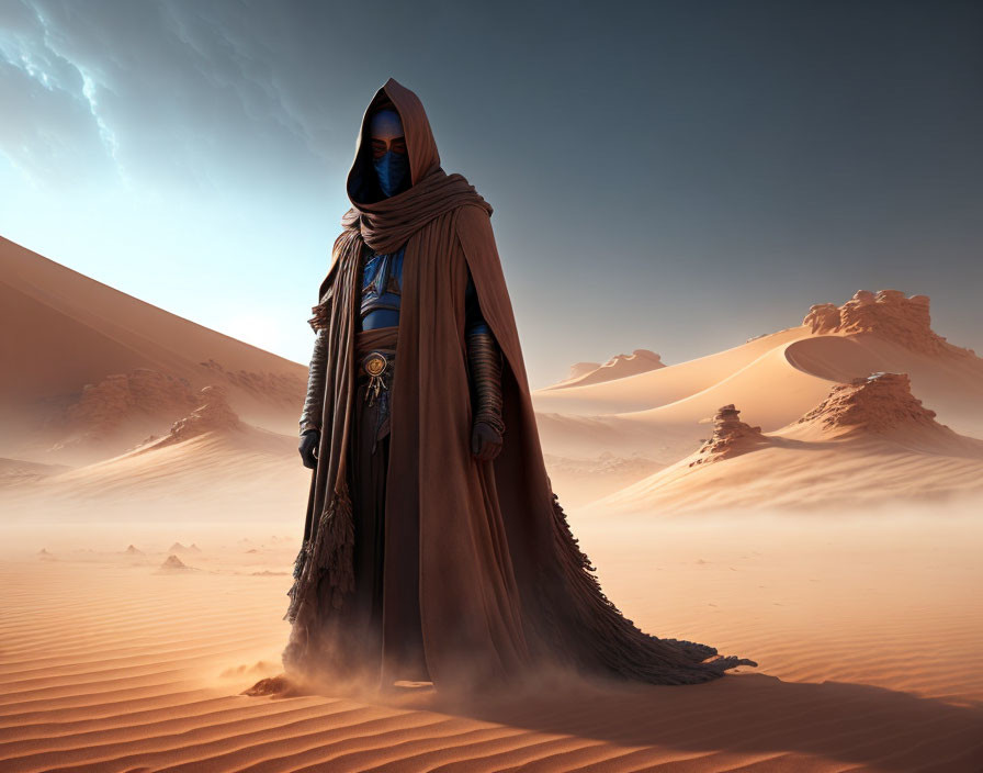 Cloaked Figure in Desert Wearing Brown Robe and Blue Facial Covering