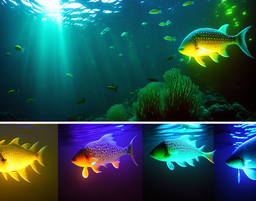 Colorful Underwater Scene with Fish and Coral in Various Hues