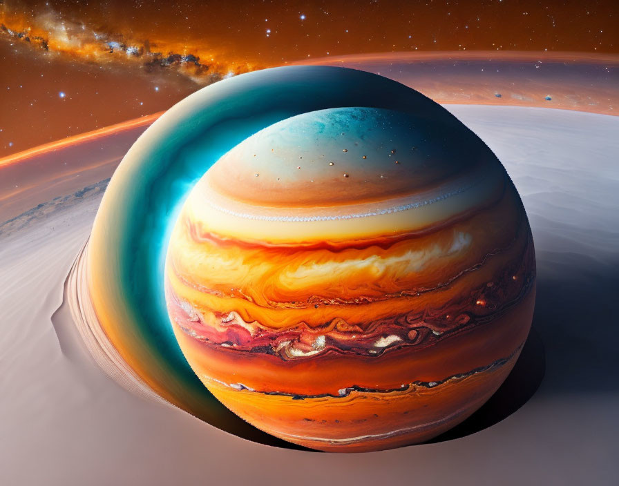 Detailed illustration of Jupiter's swirling atmosphere and Great Red Spot in space.