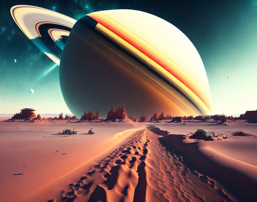 Surreal desert landscape with Saturn in sky, sand dunes, sparse vegetation, clear trail