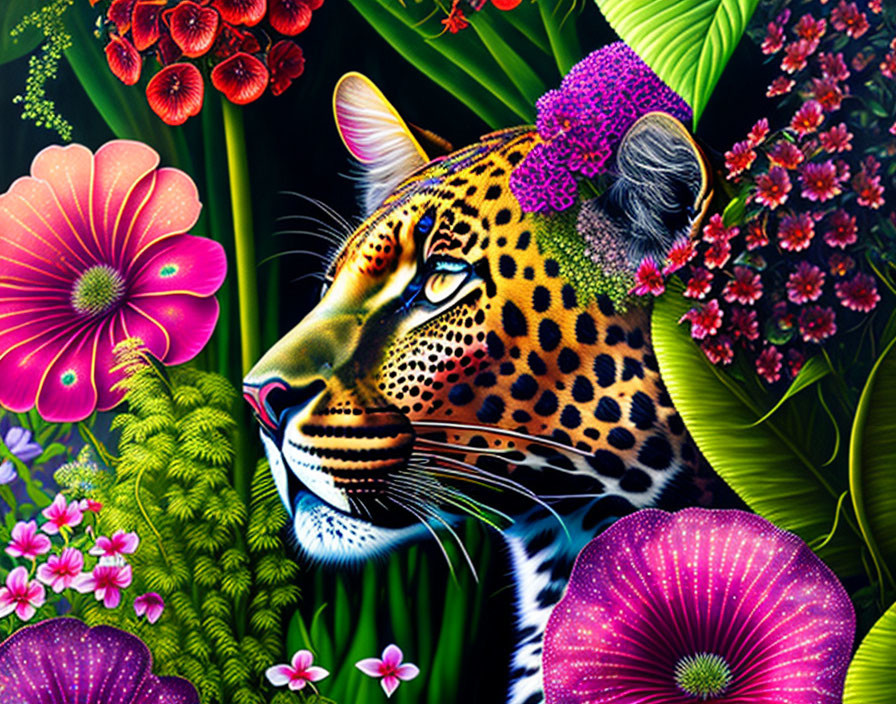 Colorful Digital Art: Leopard's Head Surrounded by Tropical Flowers