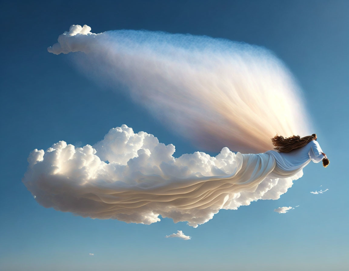 Surreal image of woman merging with cloud formation