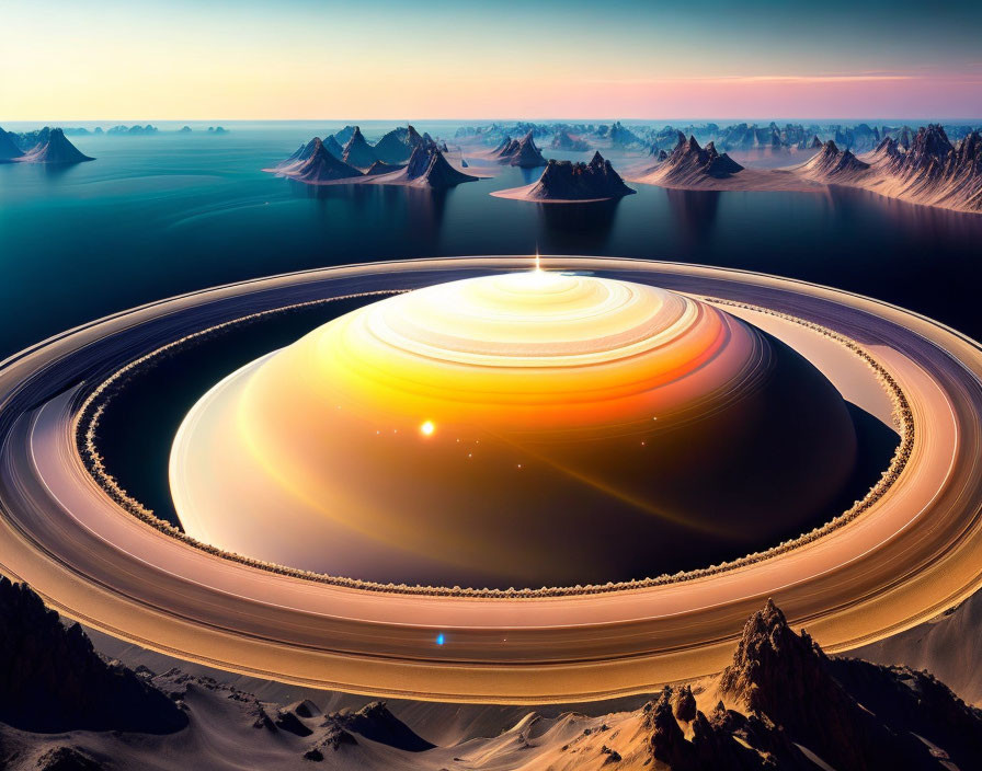 Surreal landscape with Saturn rings over mountainous terrain at twilight