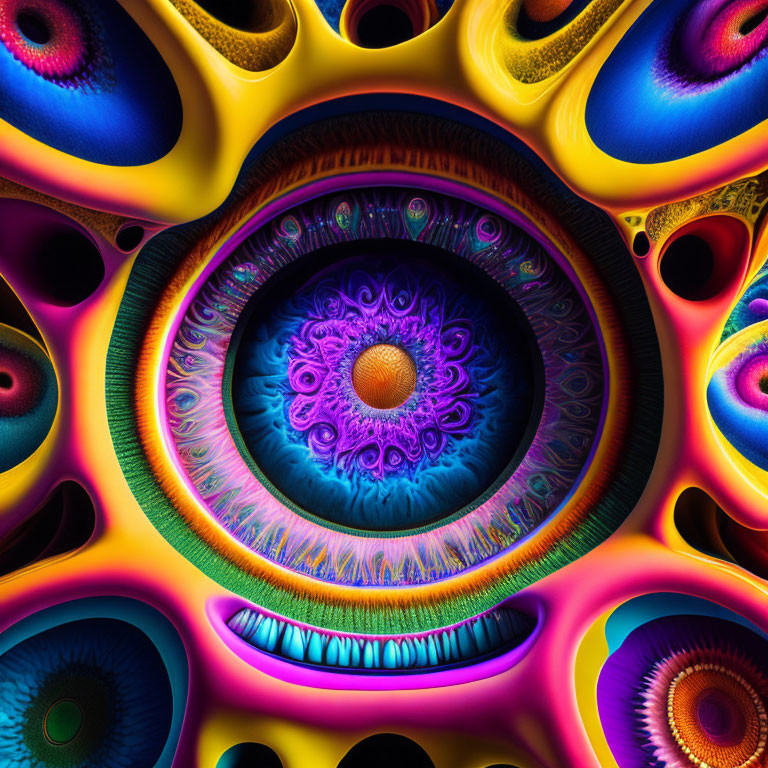 Colorful Fractal Art: Eye-like Patterns in Multicolored Kaleidoscope