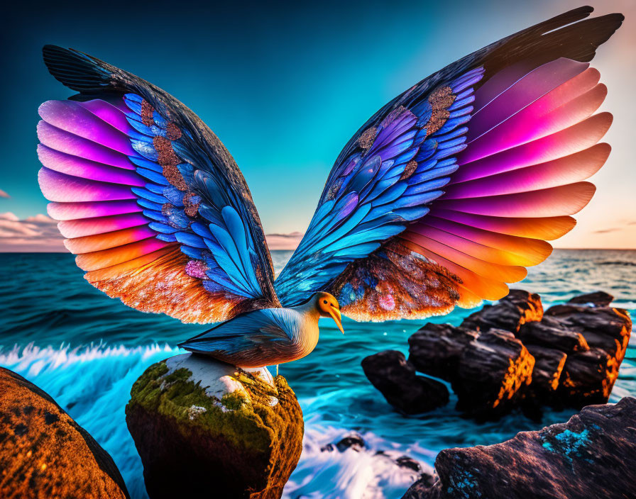 Colorful Bird with Outstretched Wings on Moss-Covered Rock by Sea at Sunset