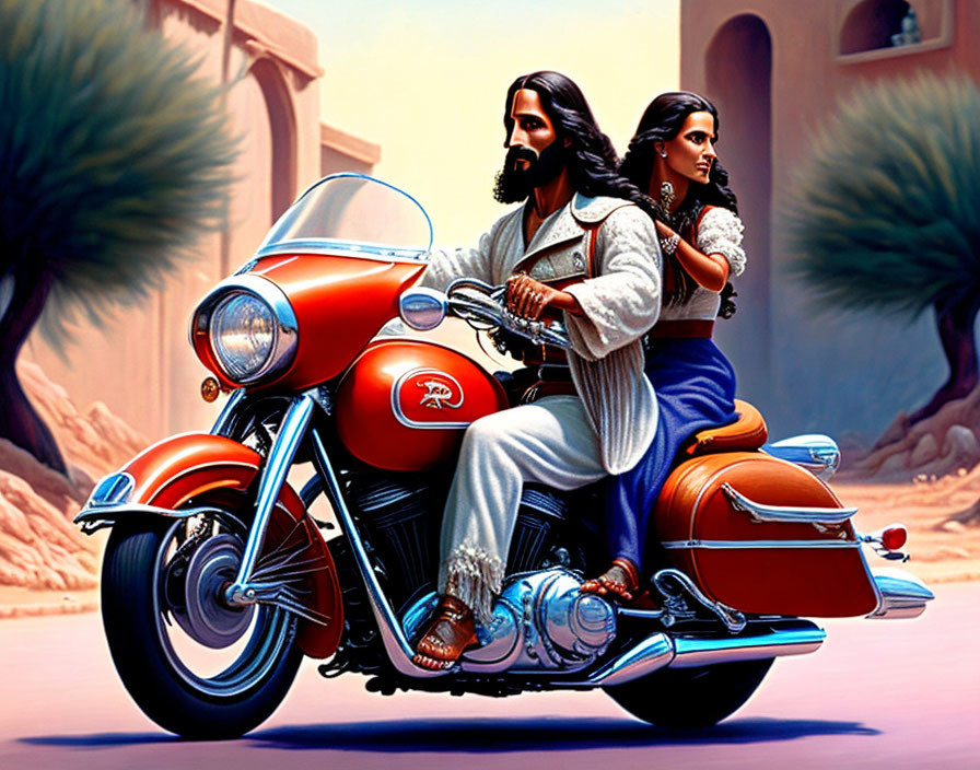 Traditional Indian Attire Couple Riding Classic Motorcycle in Vibrant Scene