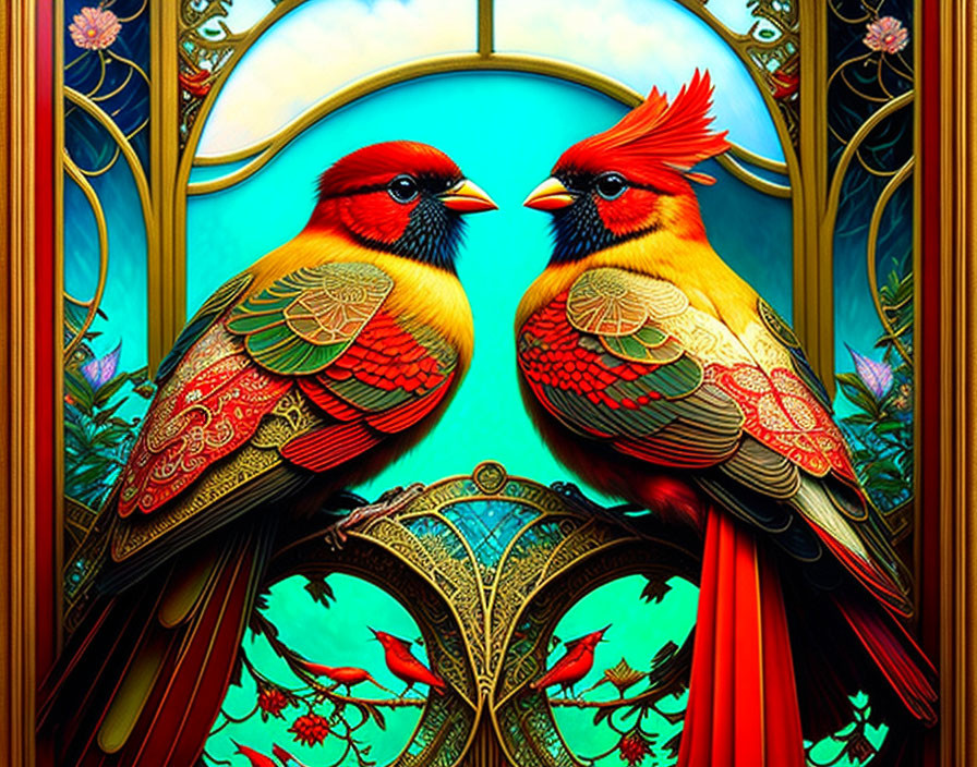 Colorful Cardinal Illustration with Ornate Background