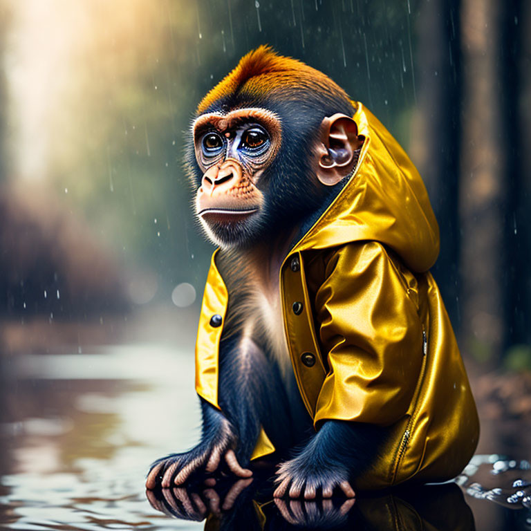 Monkey in Yellow Raincoat Sitting by Water in Rainy Scene