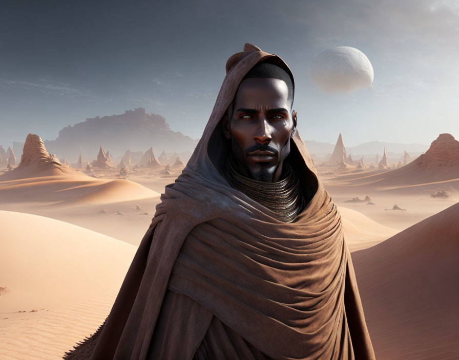 Person in headscarf in desert with sand dunes, rock formations, and large moon