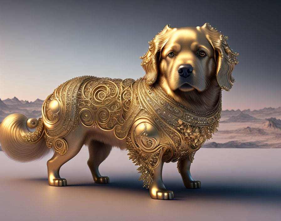 Golden ornate dog sculpture with intricate designs in desert setting