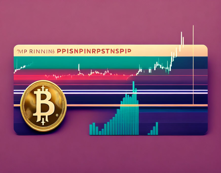 Bitcoin coin on vibrant background with cryptocurrency trading charts.