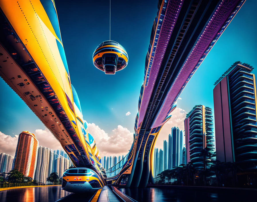 Futuristic cityscape with sleek vehicles, elevated pod, colorful track, high-rise buildings.