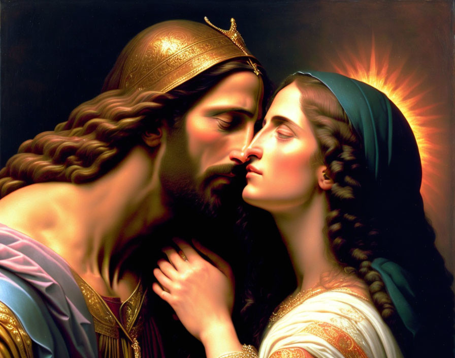 Classical painting of regal man embracing serene woman