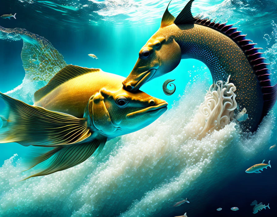 Golden fish with elaborate fins play in vibrant teal ocean.