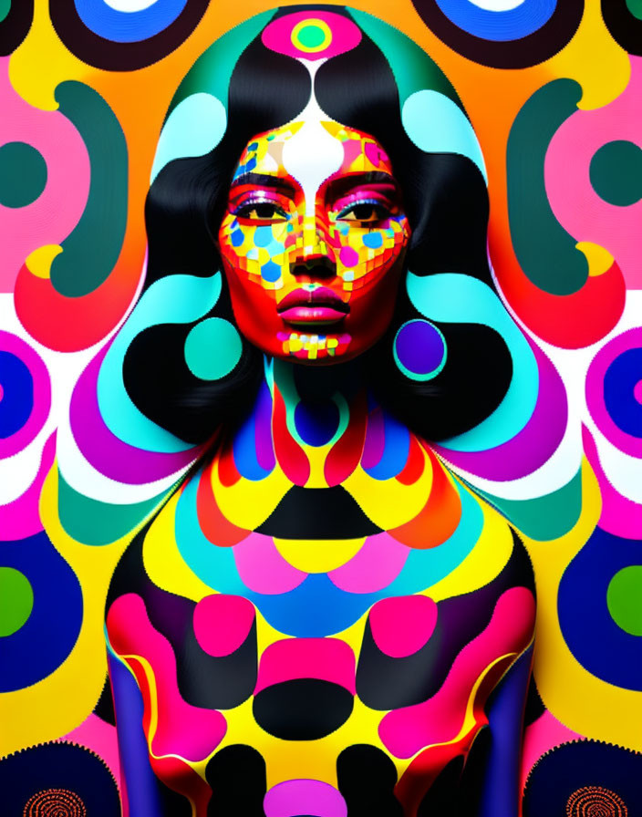 Colorful digital artwork: Woman adorned with multicolored patterns on face and body in psychedelic setting