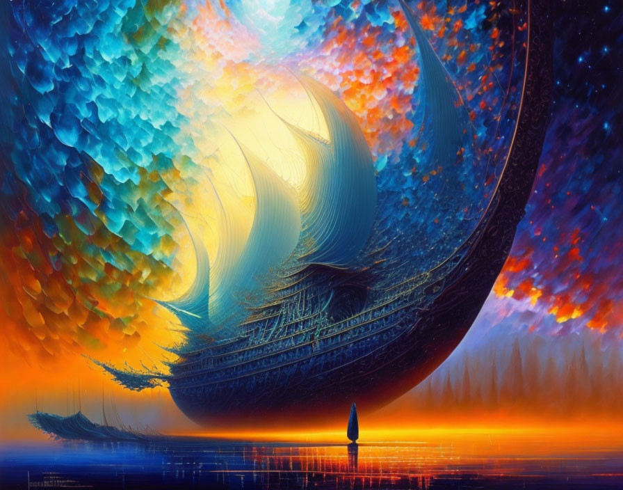 Surreal digital artwork: giant ship with feather sails above fiery water landscape