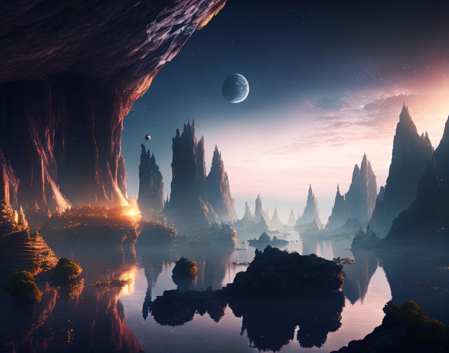 Moonlit fantasy landscape with reflective lake and towering rocks