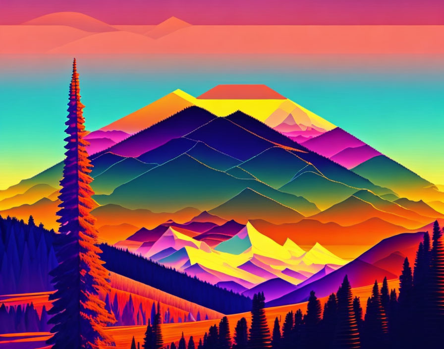 Colorful digital artwork: Mountain landscape with layered hills, pine trees, and gradient sunset sky.