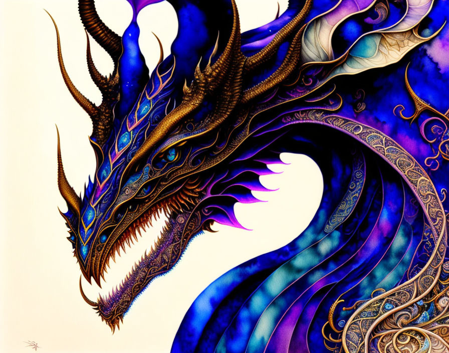 Colorful Dragon with Horns and Golden Details on Cream Background