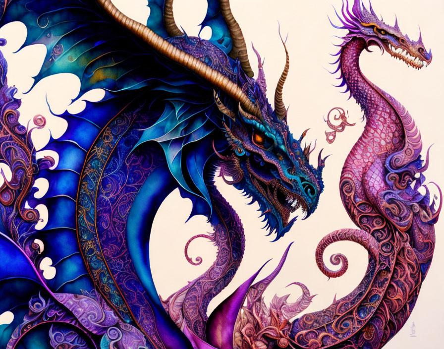 Detailed illustration of blue and purple dragons with intricate scales and elaborate horns on a light background