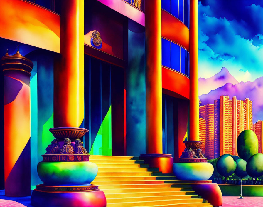 Colorful urban scene with decorative vases and geometric shapes at twilight