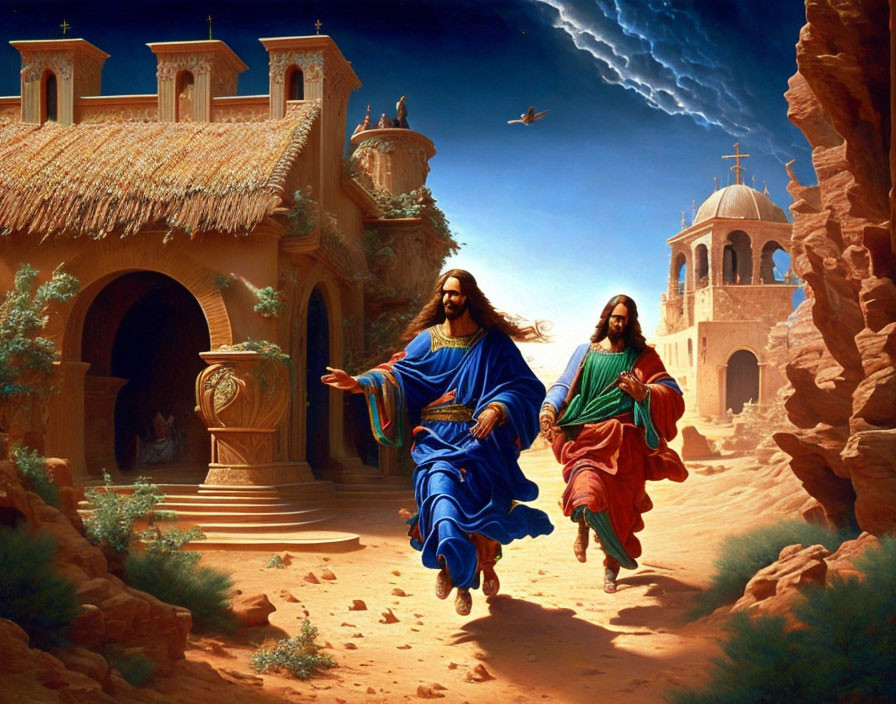 Biblical characters in robes walking through desert landscape