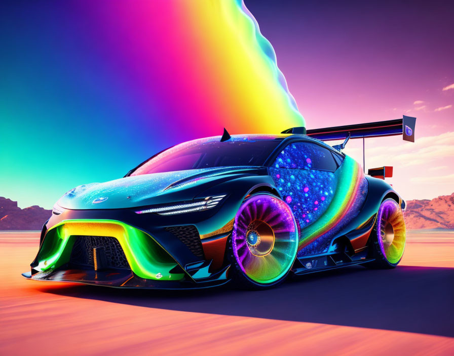 Colorful Race Car with Neon Lights in Purple Desert Twilight