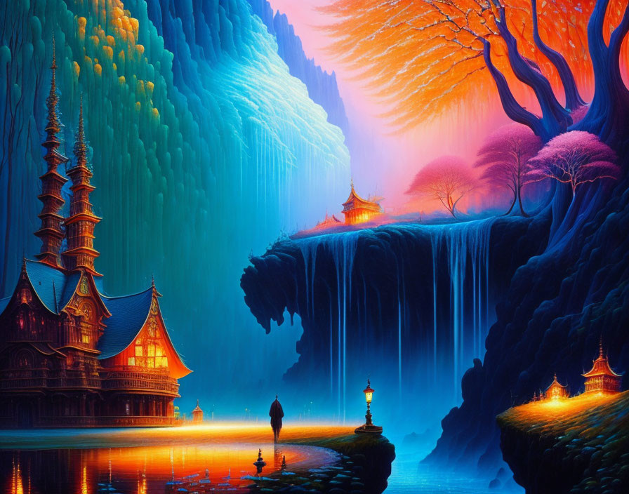 Colorful Fantasy Landscape with Waterfalls, Luminous Trees, Traditional Buildings, and Person with Lantern