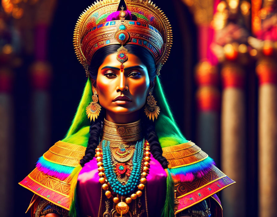 Traditional attire woman with headgear and bead necklaces in regal pose