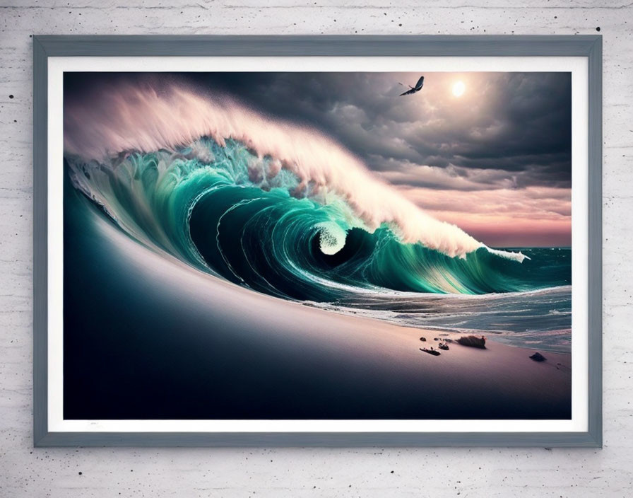 Ocean wave with sunset sky and flying bird in framed picture