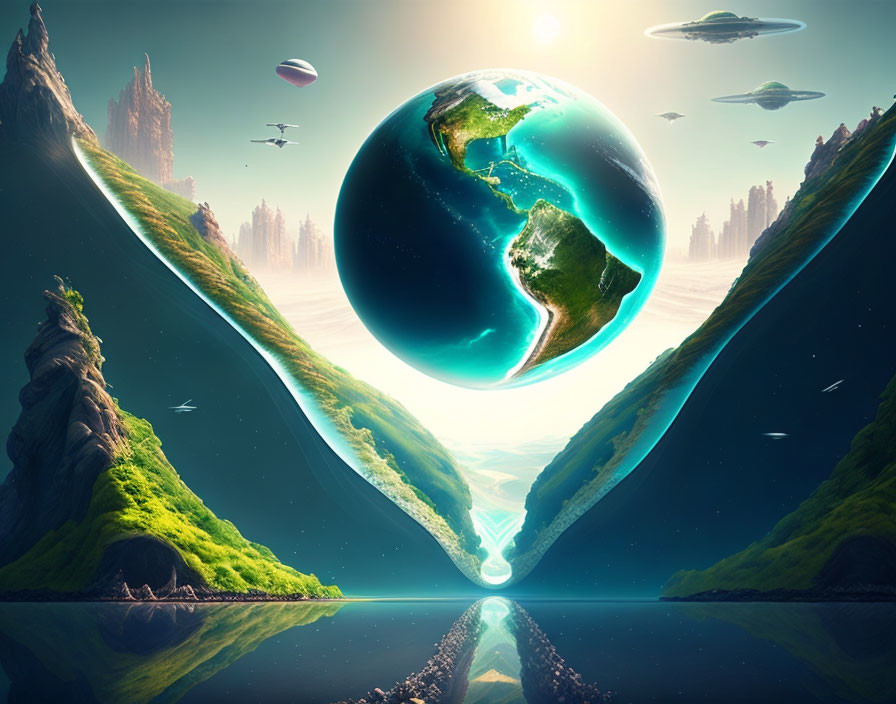 Surreal landscape with floating Earth, mirrored cliffs, water, and flying vehicles