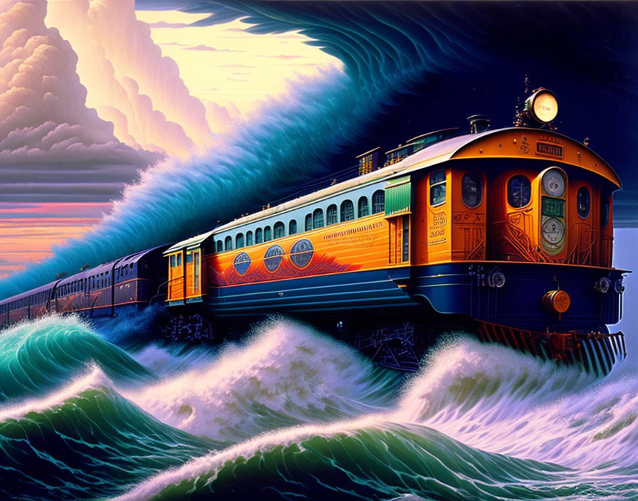 Colorful vintage train journey through surreal ocean waves