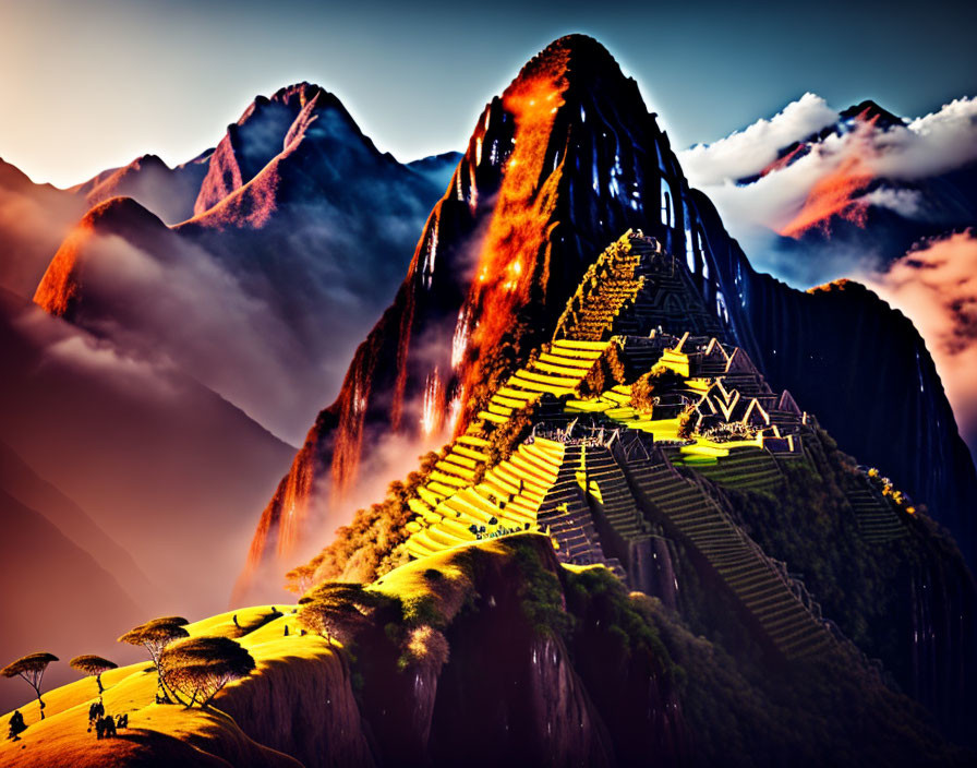 Vibrant Stylized Image of Machu Picchu with Exaggerated Mountains