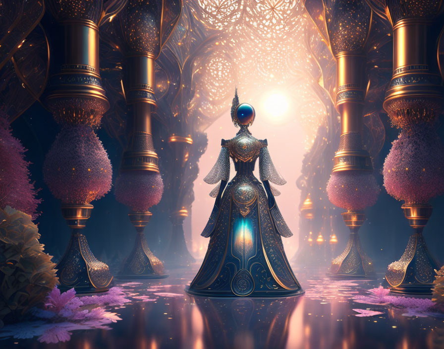 Figure in ornate dress in mystical hall with glowing orbs and intricate pillars