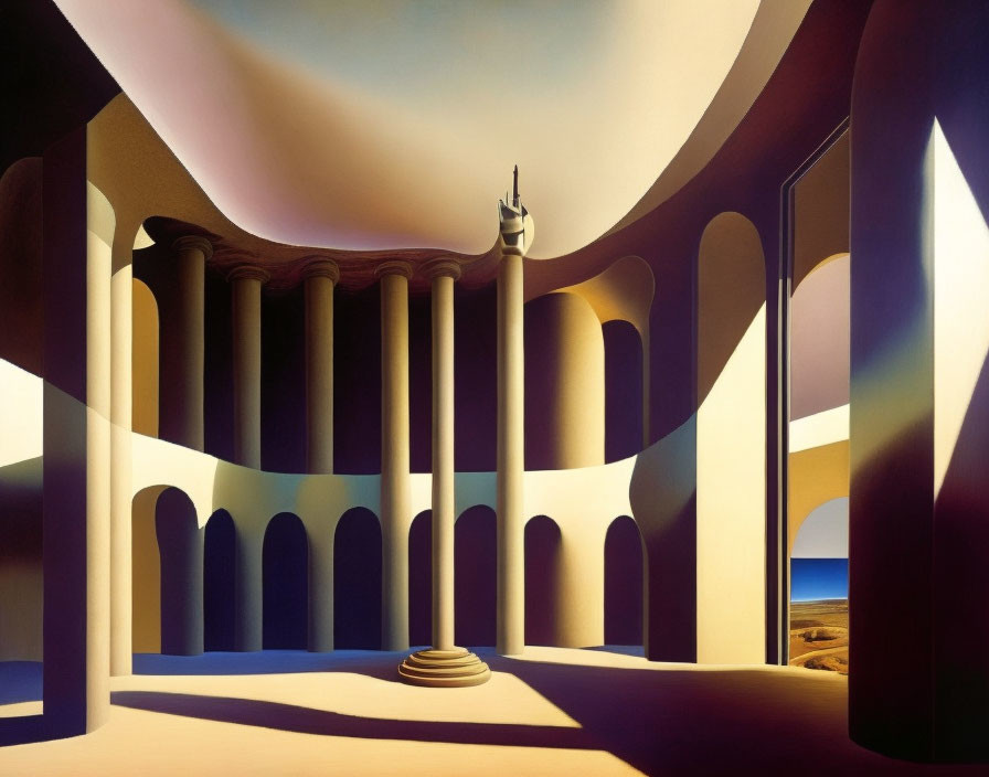 Surreal architecture with smooth arches and columns in desert landscape.