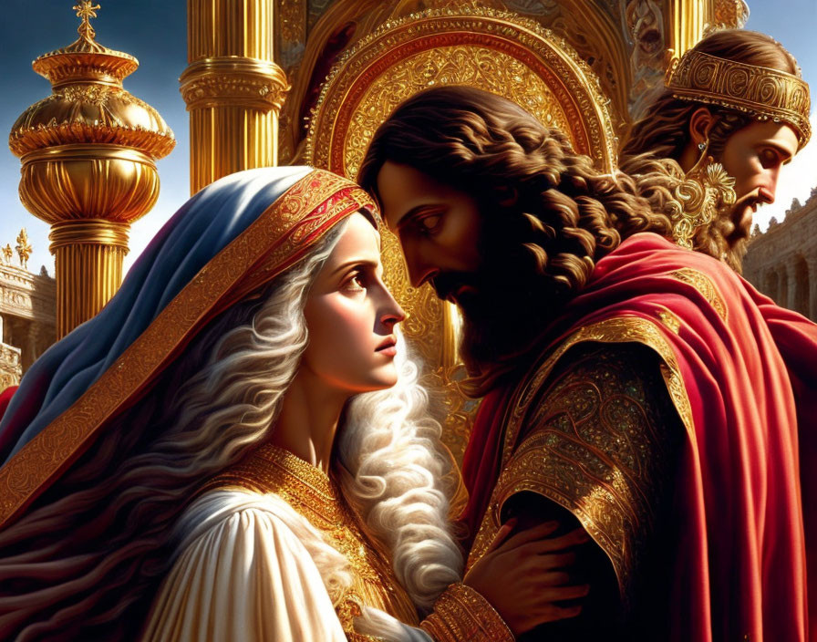 Vivid painting of man in red robes embracing woman in front of golden backdrop