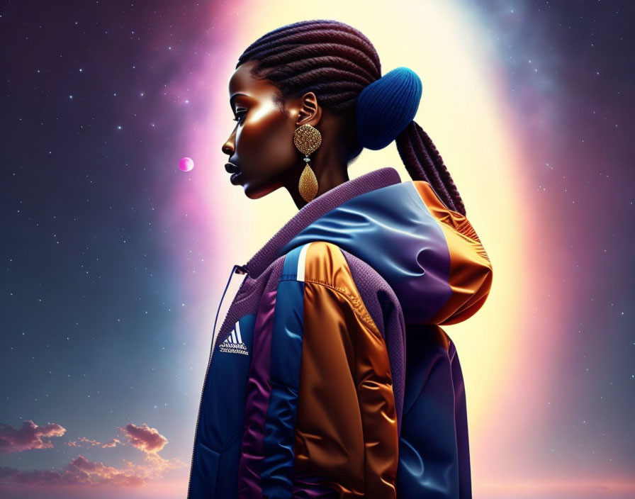 Profile view of woman with braided hair, hoop earrings, colorful jacket, against cosmic backdrop.